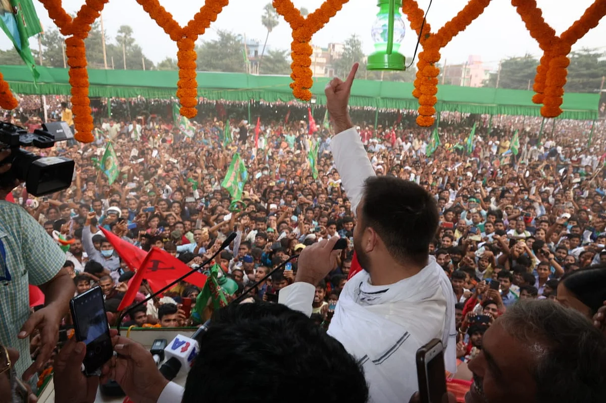 RJD’s Tejashwi Yadav at an election rally in Bihar. (Image: Tejashwi Yadav social media)