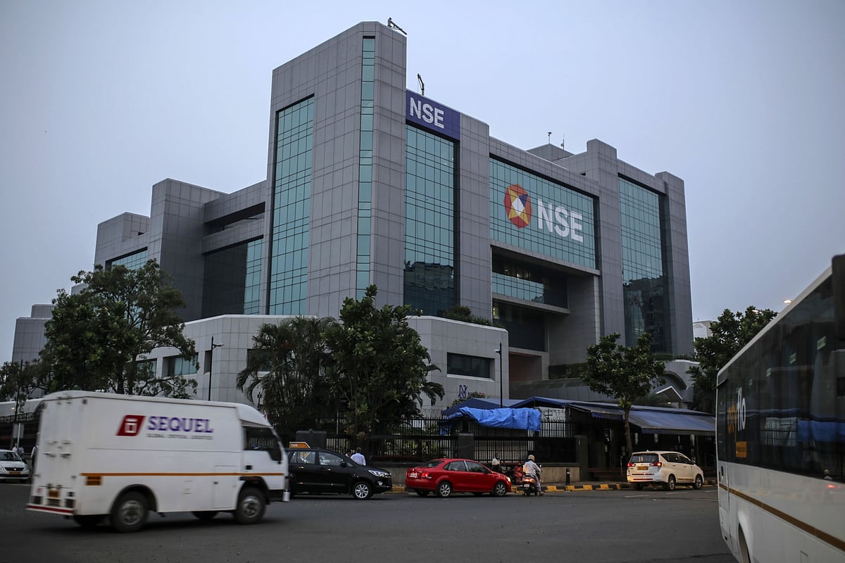 The National Stock Exchange (NSE) in Bandra Kurla Complex (BKC) in Mumbai, India. The Nifty 50 uses free float market capitalisation to decide weightage of its 50 stocks. (Photographer: Dhiraj Singh/Bloomberg)