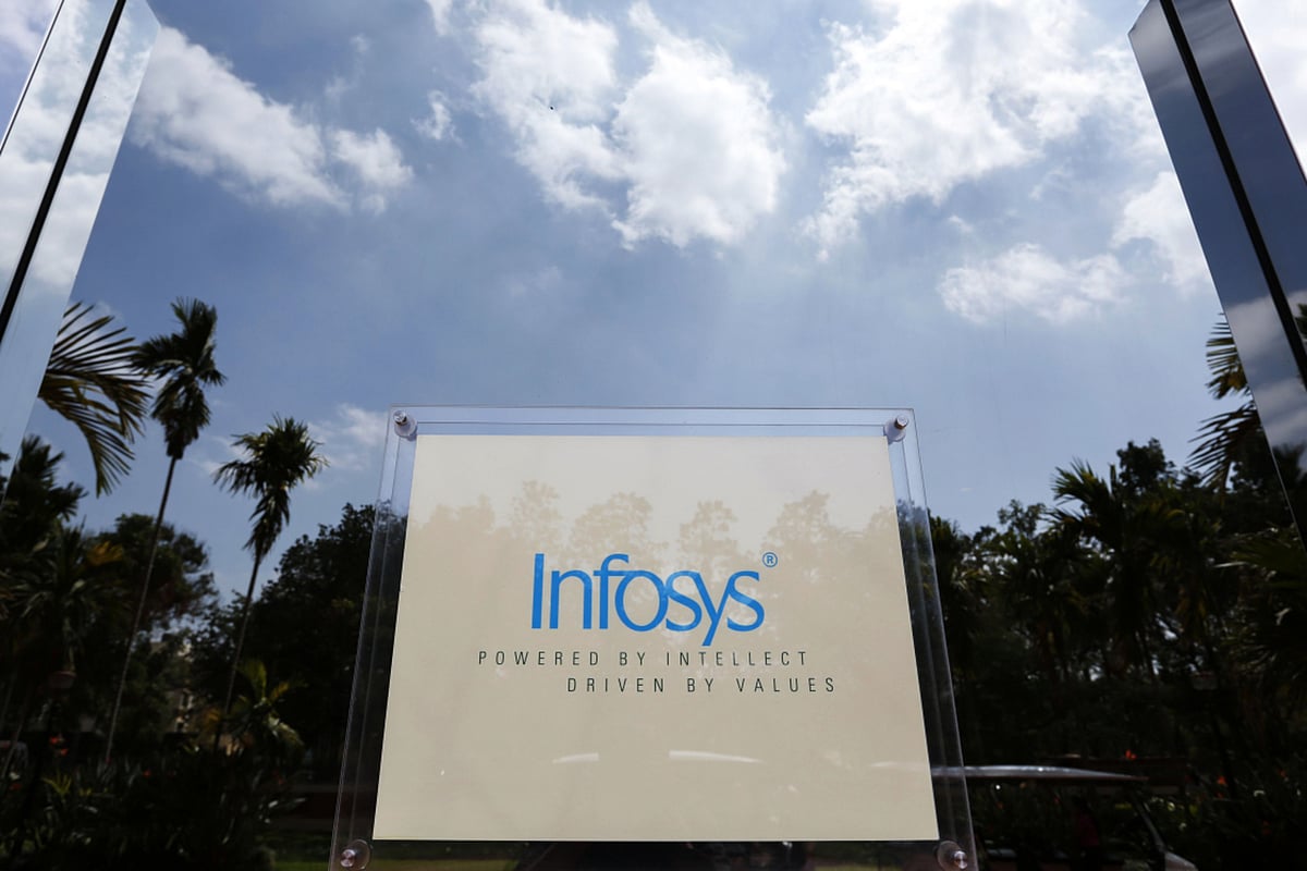 Infosys Ltd. signage is displayed at the entrance to a building at the company’s campus in Electronics City in Bangalore, India (Photographer Vivek Prakash/Bloomberg)