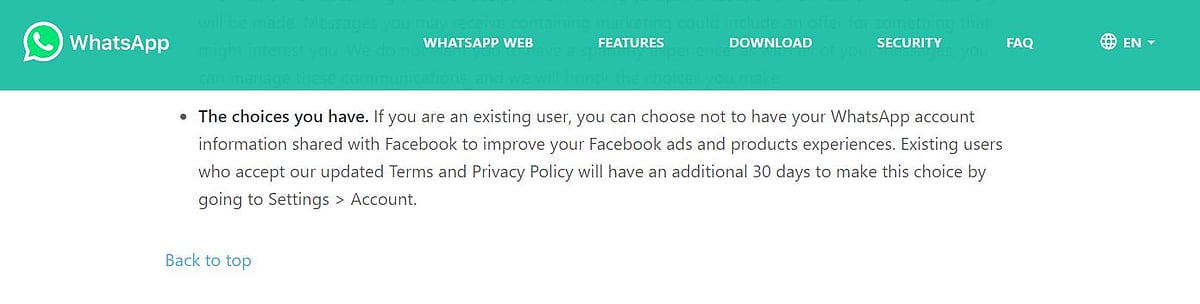WhatsApp’s earlier privacy policy, updated July 2020, that offered users the option to opt-out. (Source: WhatsApp)