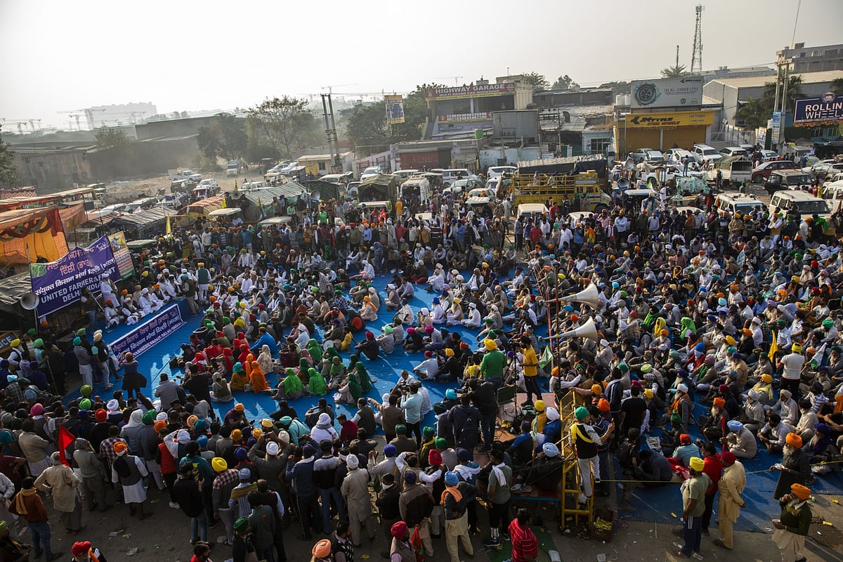 Farmers gathered for a speech at a protest site at a road block on the Delhi-Haryana border crossing in Singhu, Delhi, India, on Thursday, Dec. 3, 2020. (Photographer: Prashanth Vishwanathan/Bloomberg)