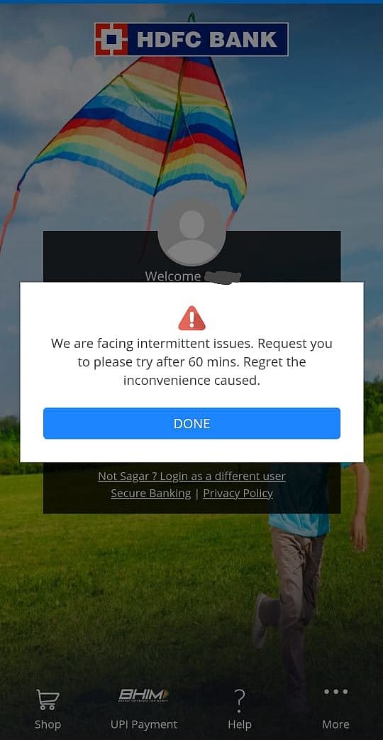 An error message on HDFC Bank mobile application. (Source: BloombergQuint)