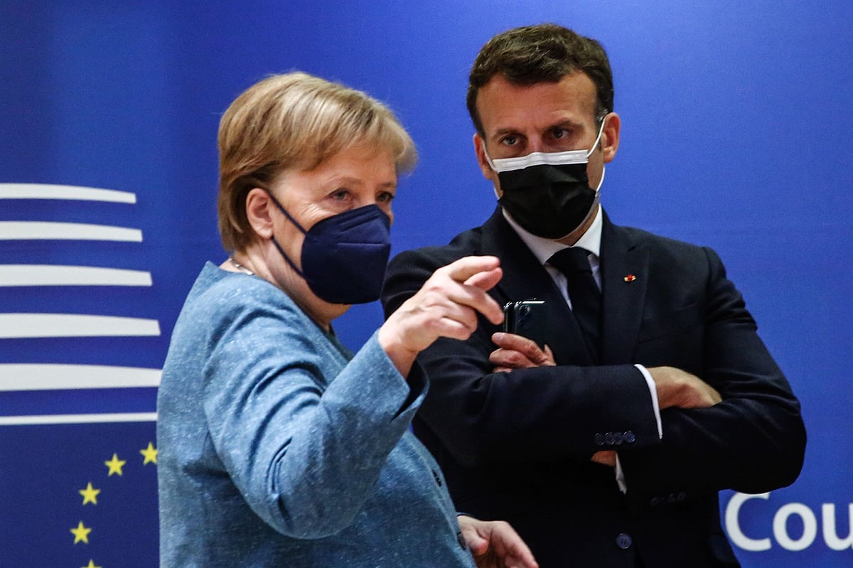 <div class="paragraphs"><p>German chancellor Angela Merkel with French President Emmanuel Macron, in Brussels, on May 25, 2021. (Photographer: Valeria Mongelli/Hans Lucas/Bloomberg)</p></div>