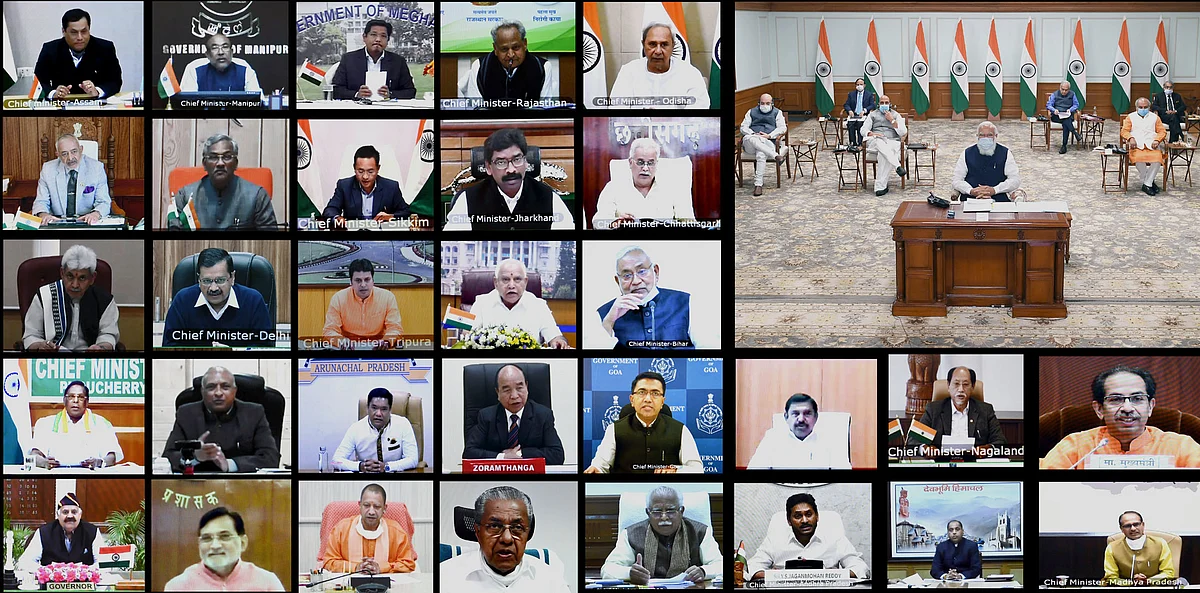 <div class="paragraphs"><p>State chief ministers and the the top ministers of the union government, at a NITI Aayog Governing Council meeting, on Feb. 20, 2021. (Photograph: PIB)</p></div>