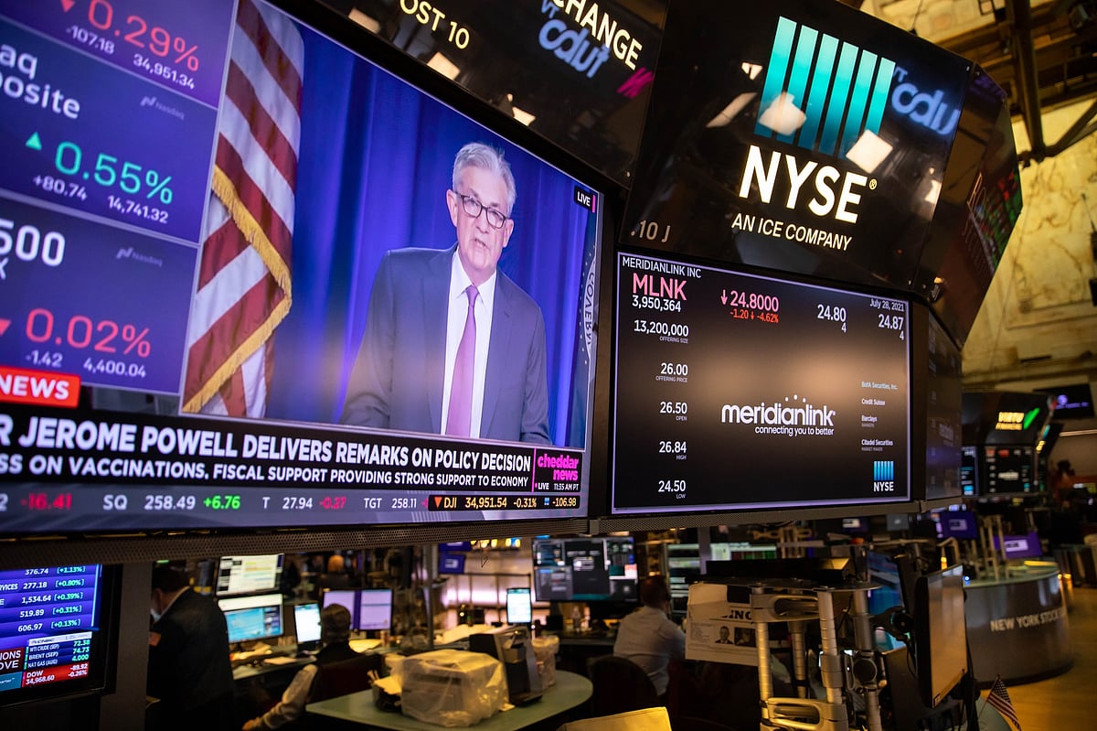 <div class="paragraphs"><p>Fed Chair Jerome Powell's address displayed on a screen at the NYSE. (Photographer: Michael Nagle/Bloomberg)</p></div>