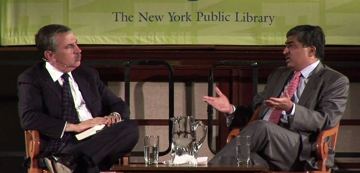 <div class="paragraphs"><p>Tom Friedman and Nandan Nilekani, speaking at a New York Public Library event, on March 23, 2009. (Image: NYPL/YouTube)</p></div>
