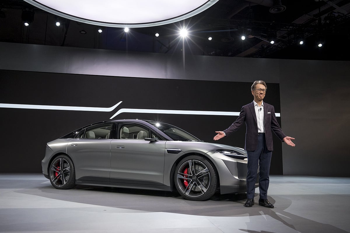Kenichiro Yoshida presents the Sony Vision-S electric concept in Las Vegas in 2020. Photographer: David Paul Morris/Bloomberg