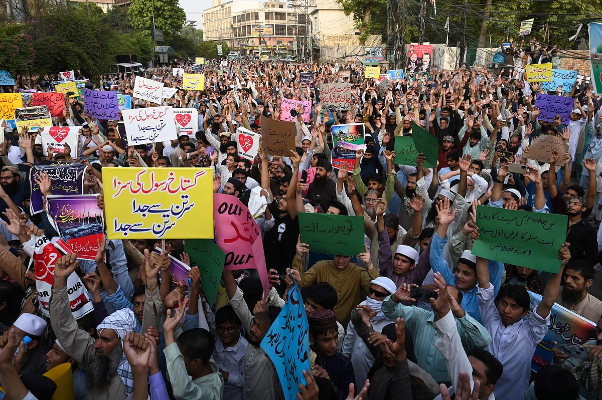 Anti-India demonstration against former BJP spokeswoman Nupur Sharma over her remarks on the Prophet Mohammed, in Lahore on June 8.Photographer: Arif Ali//AFP/Getty Images