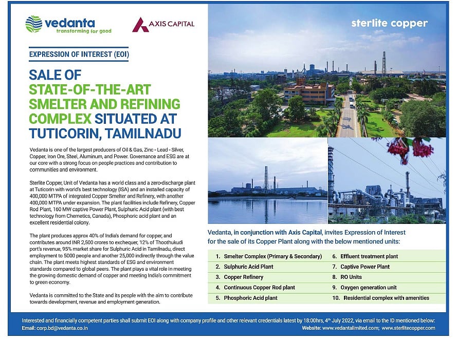 <div class="paragraphs"><p>Vedanta's ad for sale of Tuticorin smelter plant. (Source: A screen grab from the Economic Times newspaper)</p></div>