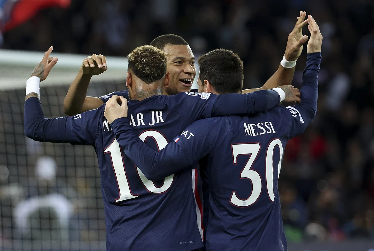 Lionel Messi, Kylian Mbappe and Neymar.Photographer: Jean Catuffe/Getty Images