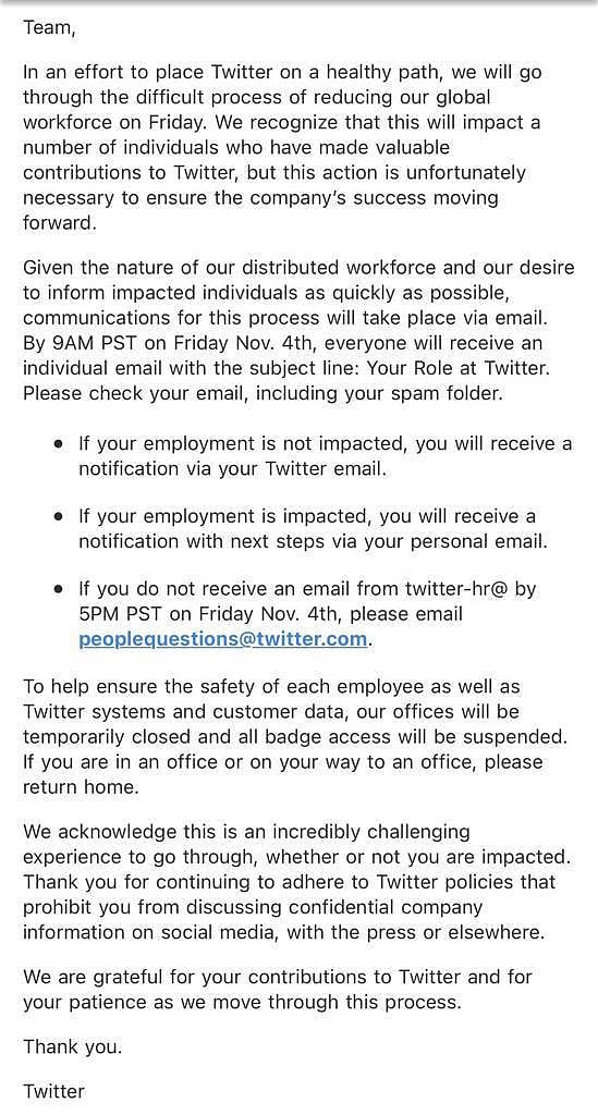 A screenshot of an internal message sent to Twitter employeesSource: Bloomberg