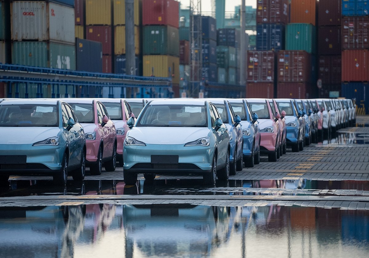 NETA V electric cars at a Chinese port ready for export to Thailand.Source: Hozon Auto