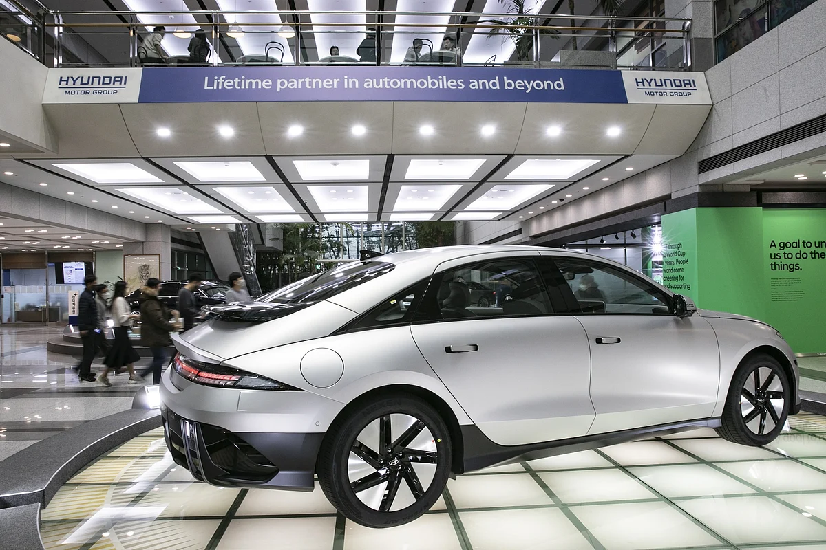 Ioniq 6 displayed in the lobby of the company’s headquarters.Photographer: Woohae Cho/Bloomberg