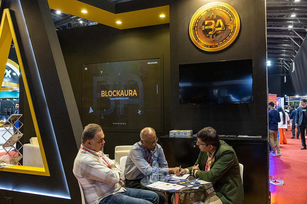 The BlockAura booth at the Crypto Expo in Dubai in October.Photographer: Christopher Pike/Bloomberg