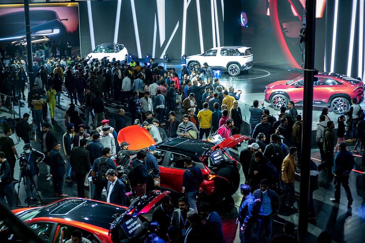 Visitors at the Tata Motors booth at the India Auto Expo 2023.Photographer: Anindito Mukherjee/Bloomberg
