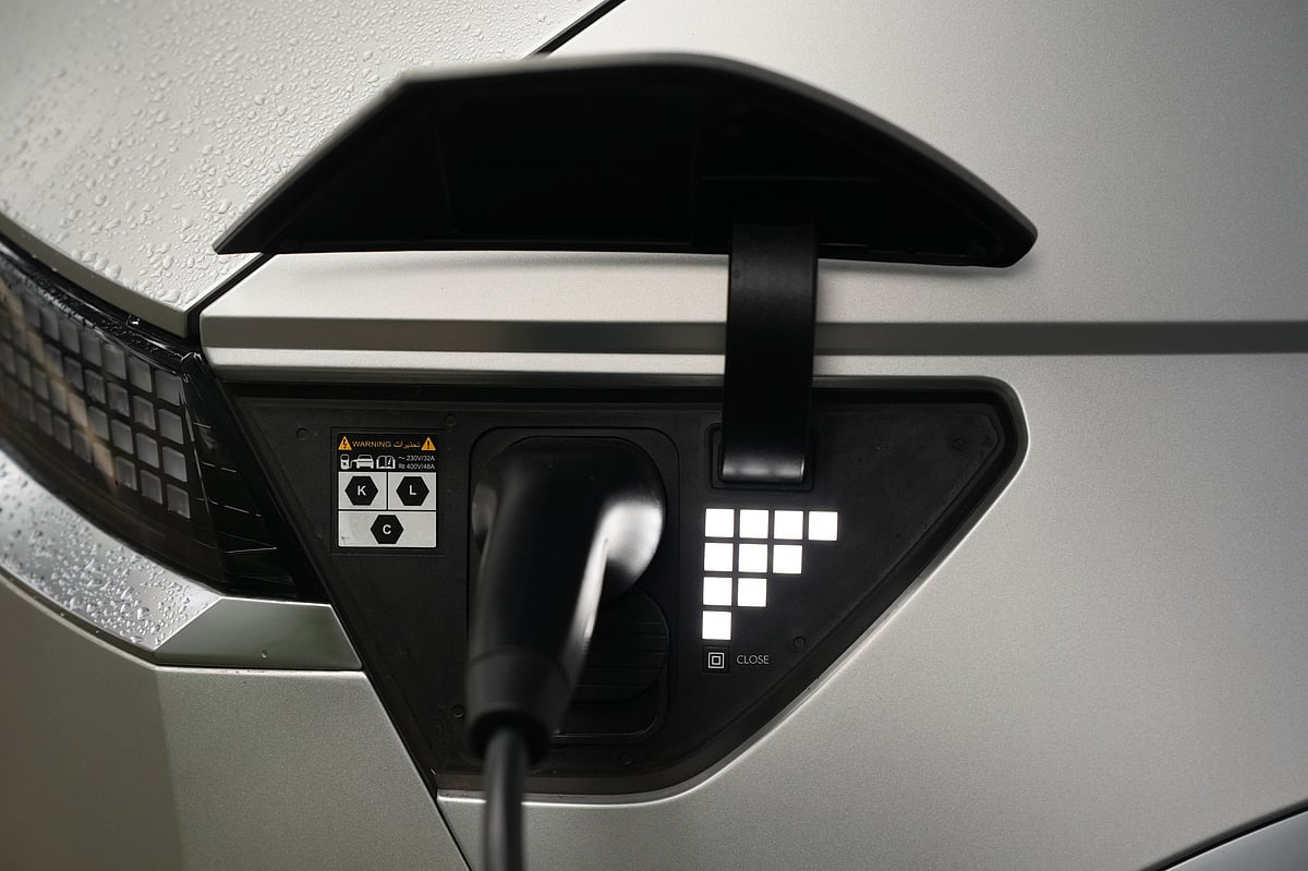 A Hyundai Ioniq 5 EV plugged in at a charging station.Source: Bloomberg