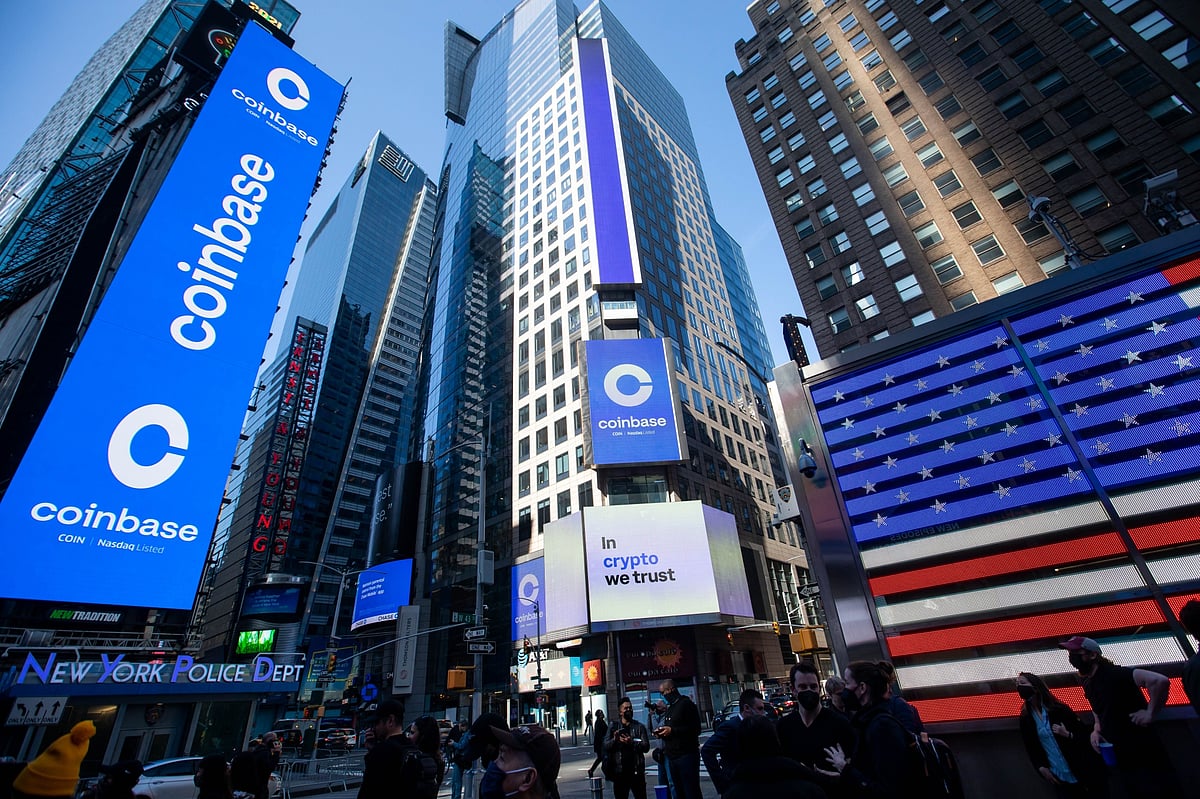 Coinbase signage during the company’s IPO in New York in 2021.Source: Bloomberg