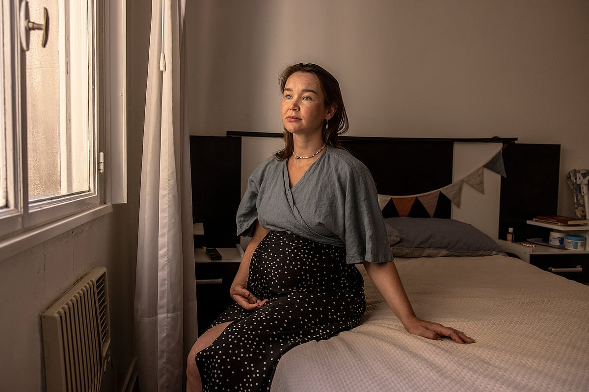 Victoria Bogataya, nine months pregnant, in her apartment in the Palermo neighborhood. She arrived in January together with her husband.Photographer: Sarah Pabst/Bloomberg