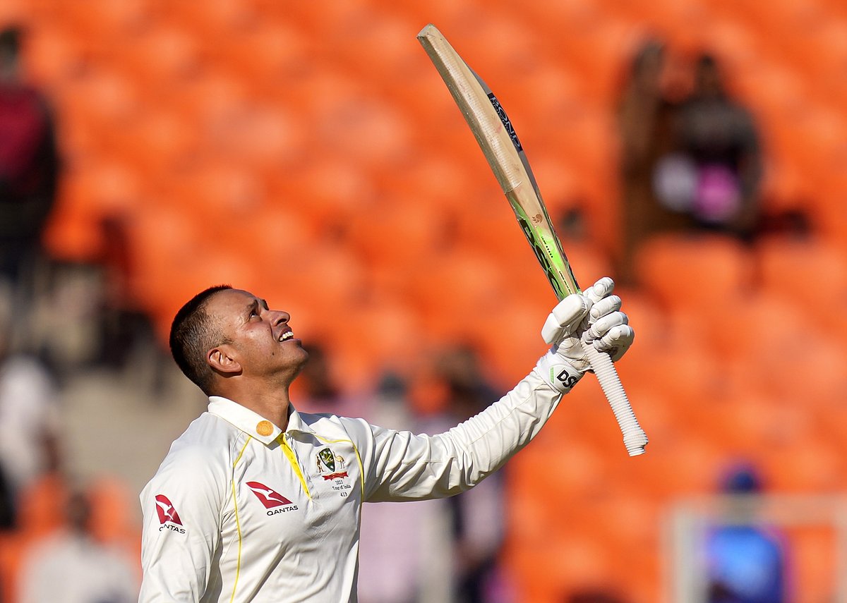 <div class="paragraphs"><p>Australian batter Usman Khawaja celebrates after scoring a century during the 1st day of the fourth test cricket match between India and Australia, at the Narendra Modi stadium in Ahmedabad on Thursday, 9 March.</p></div>