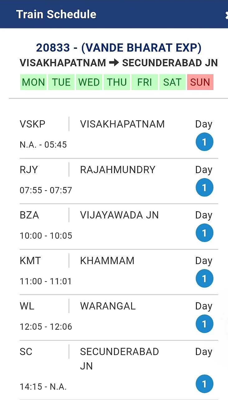 <div class="paragraphs"><p>Visakhapatnam - Secunderabad Vande Bharat schedule (Source: IRCTC)</p></div>