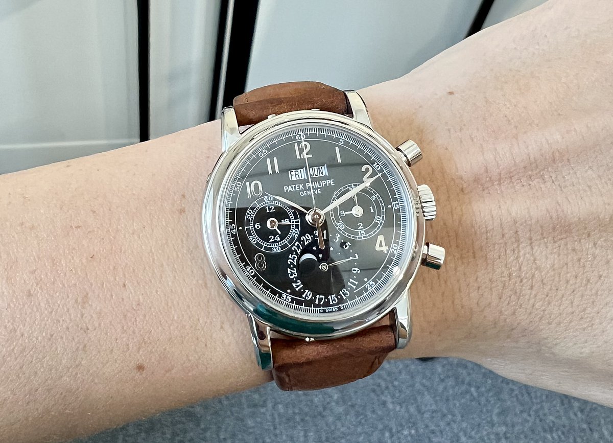 This Patek Philippe offers two complications in one: a chronograph and a perpetual calendar, for a high estimate of $440,000.Photographer: Lisa Fleisher/Bloomberg