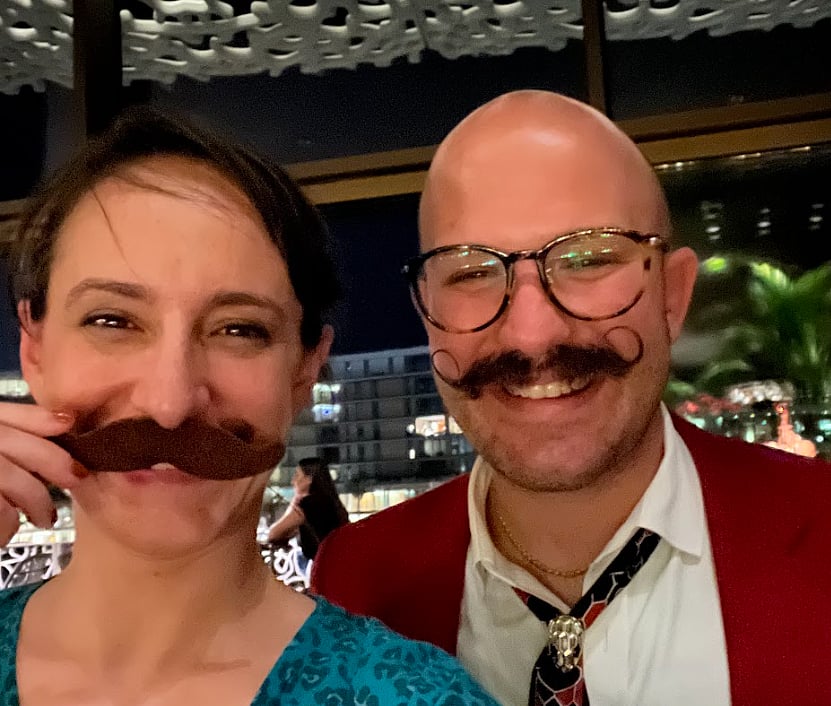Dario posed with me as I donned a chocolate mustache that garnishes his signature drink, the Mustacchioni: tequila reposado, Campari, tawny port and Mancino Chinato.Photographer: Lisa Fleisher/Bloomberg