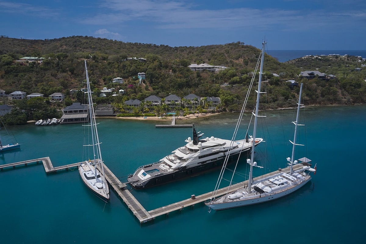 An aerial view of the superyacht Alfa Nero (center), docked in English Harbour, Saint Paul Parish, Antigua, Friday, April 22, 2023. Photographer: Bing Guan/Bloomberg