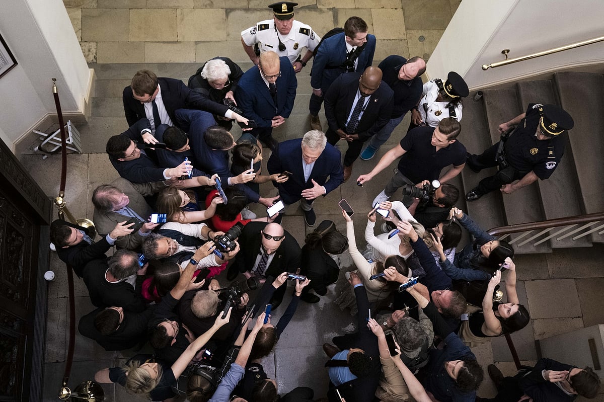 US House Speaker Kevin McCarthy speaks to members of the media at the US Capitol on Friday. Photographer: Sarah Silbiger/Bloomberg