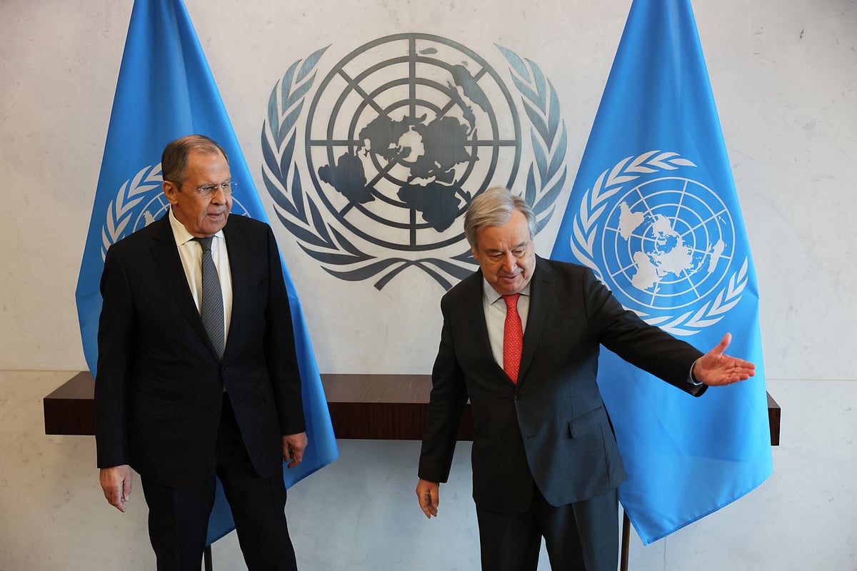 Sergei Lavrov, left, and Antonio Guterres ahead of their meeting in New York on April 24.Photographer: Michael M. Santiago/Getty Images