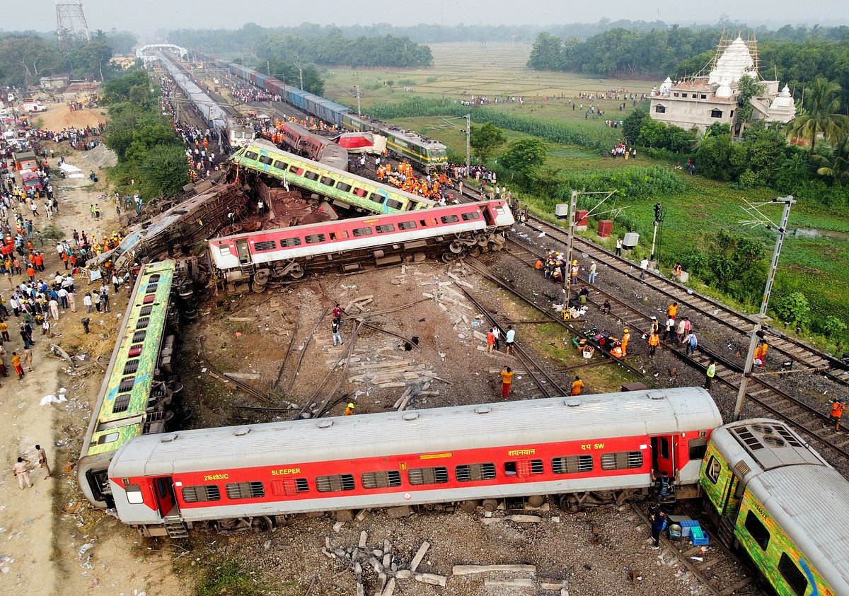 <div class="paragraphs"><p>A drone view shows derailed coaches after two passenger trains collided in Balasore district in the eastern state of Odisha, India, June 3, 2023. (Source: Reuters)</p></div>