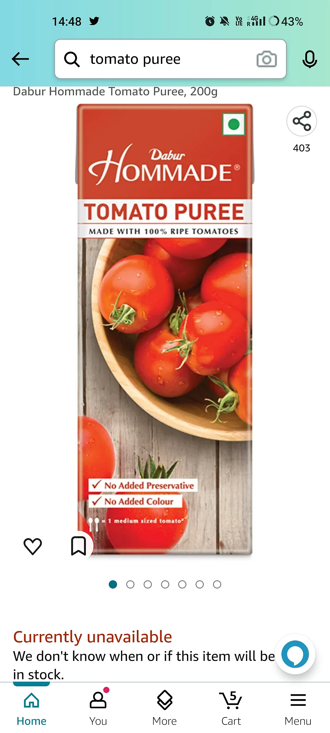 <div class="paragraphs"><p>Packs of tomato puree remain out of stock on Amazon and BigBasket.</p></div>
