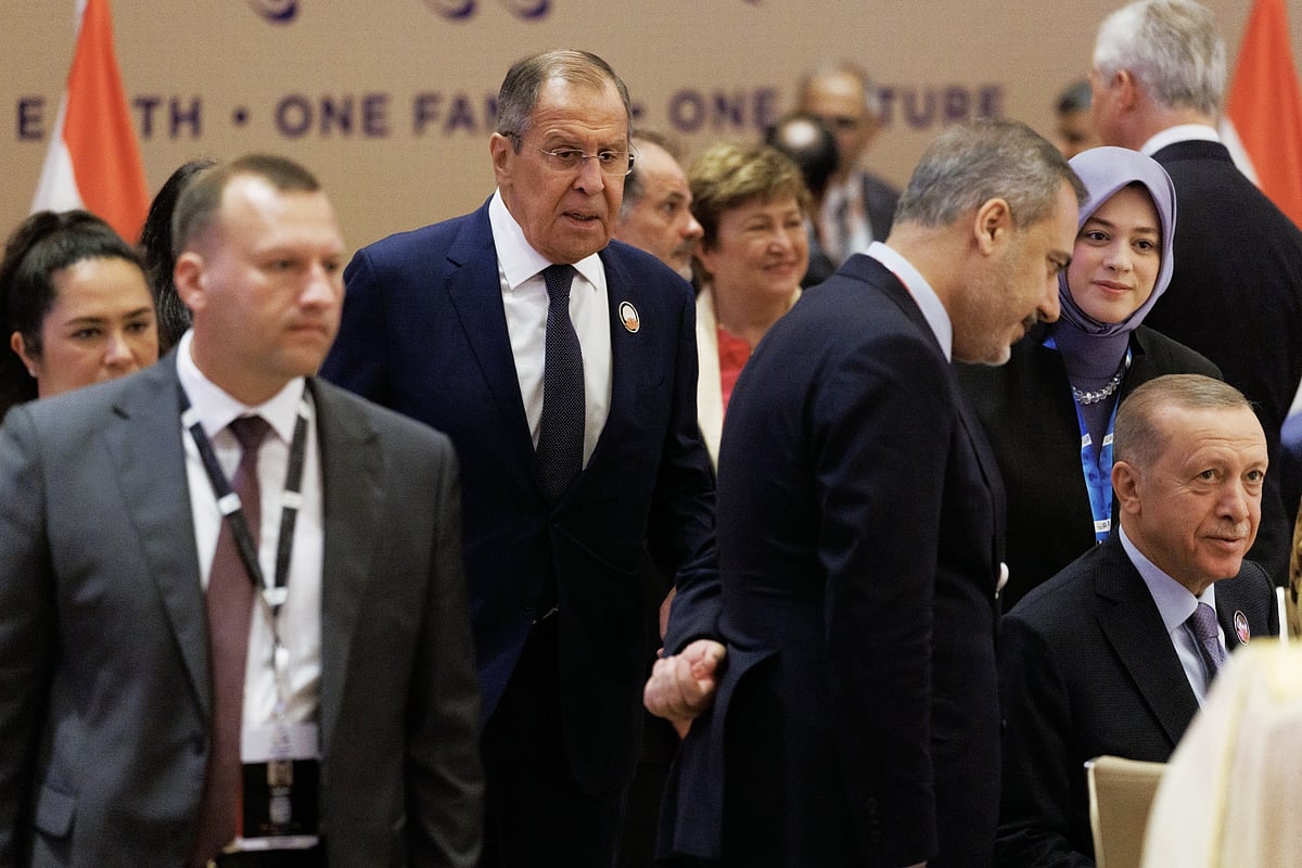 Sergei Lavrov arrives for the morning session of the G-20 summit on Sept. 10.Photographer: Dan Kitwood/Getty Images