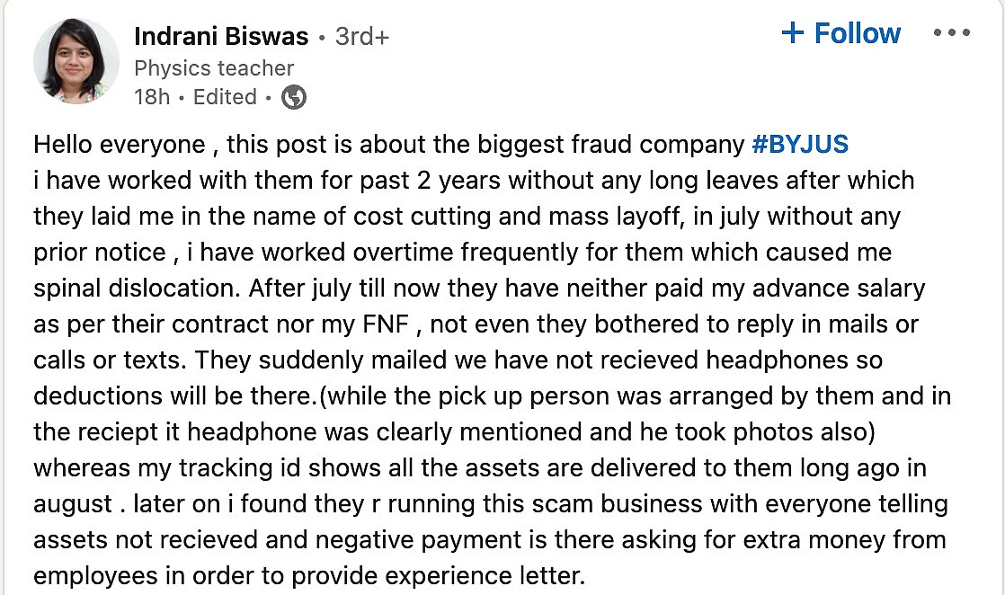 <div class="paragraphs"><p>Screengrab of an employee's post about delayed payments. (Source: LinkedIn)</p></div>