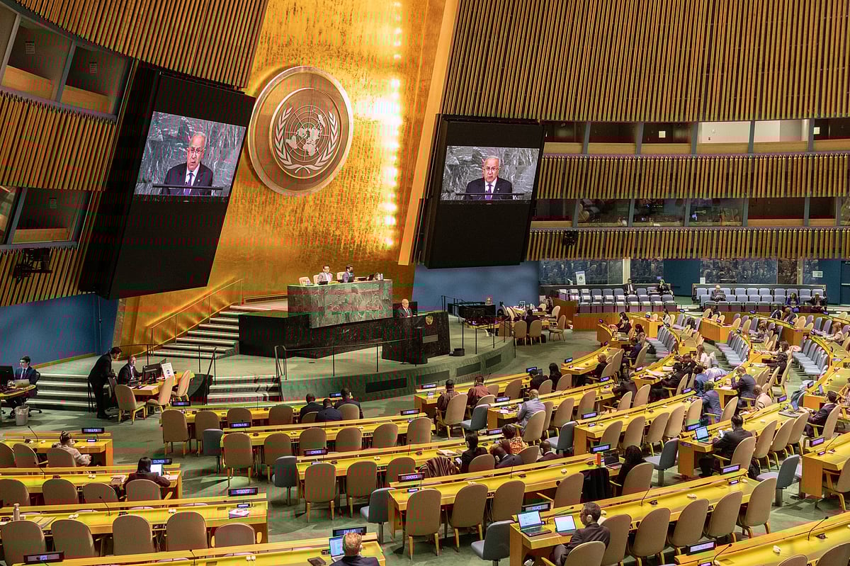 Uruguay’s foreign minister speaks during the United Nations General Assembly in New York on  Sept. 26, 2022.Photographer: Jeenah Moon/Bloomberg