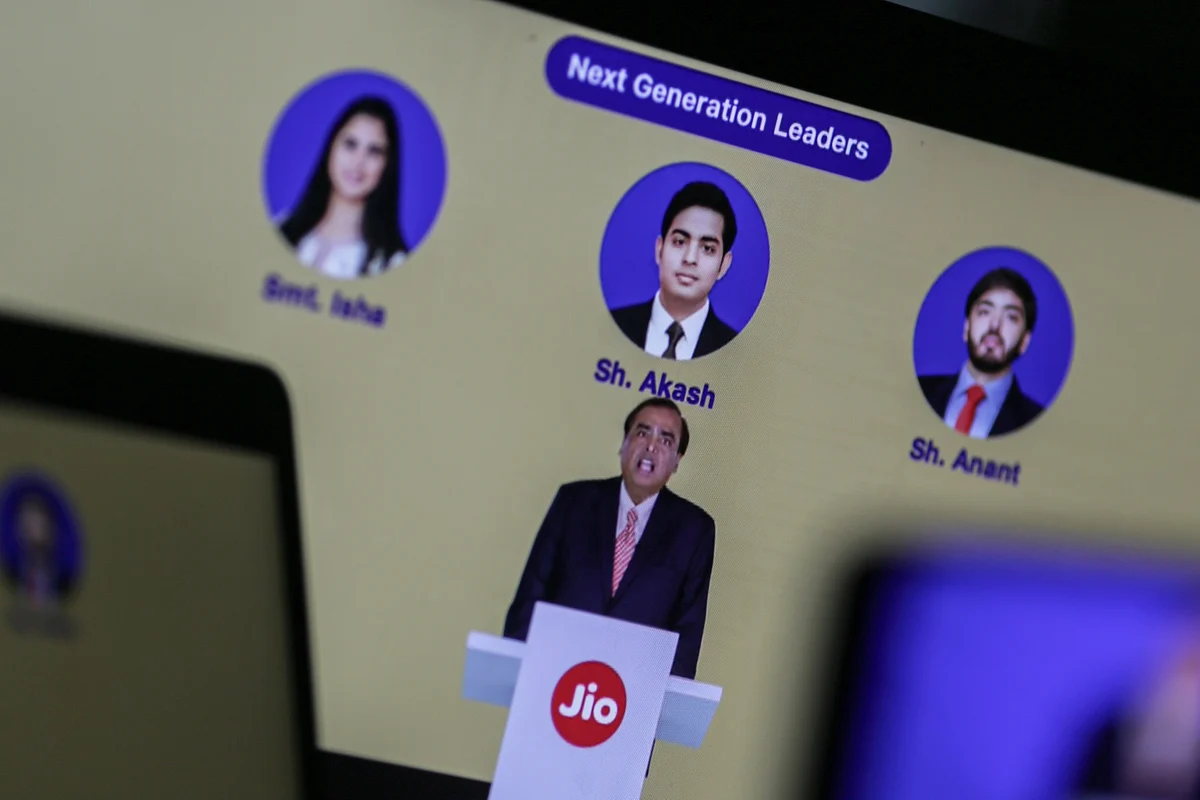 Mukesh Ambani speaks virtually during the company’s AGM in 2023.Photographer: Dhiraj Singh/Bloomberg