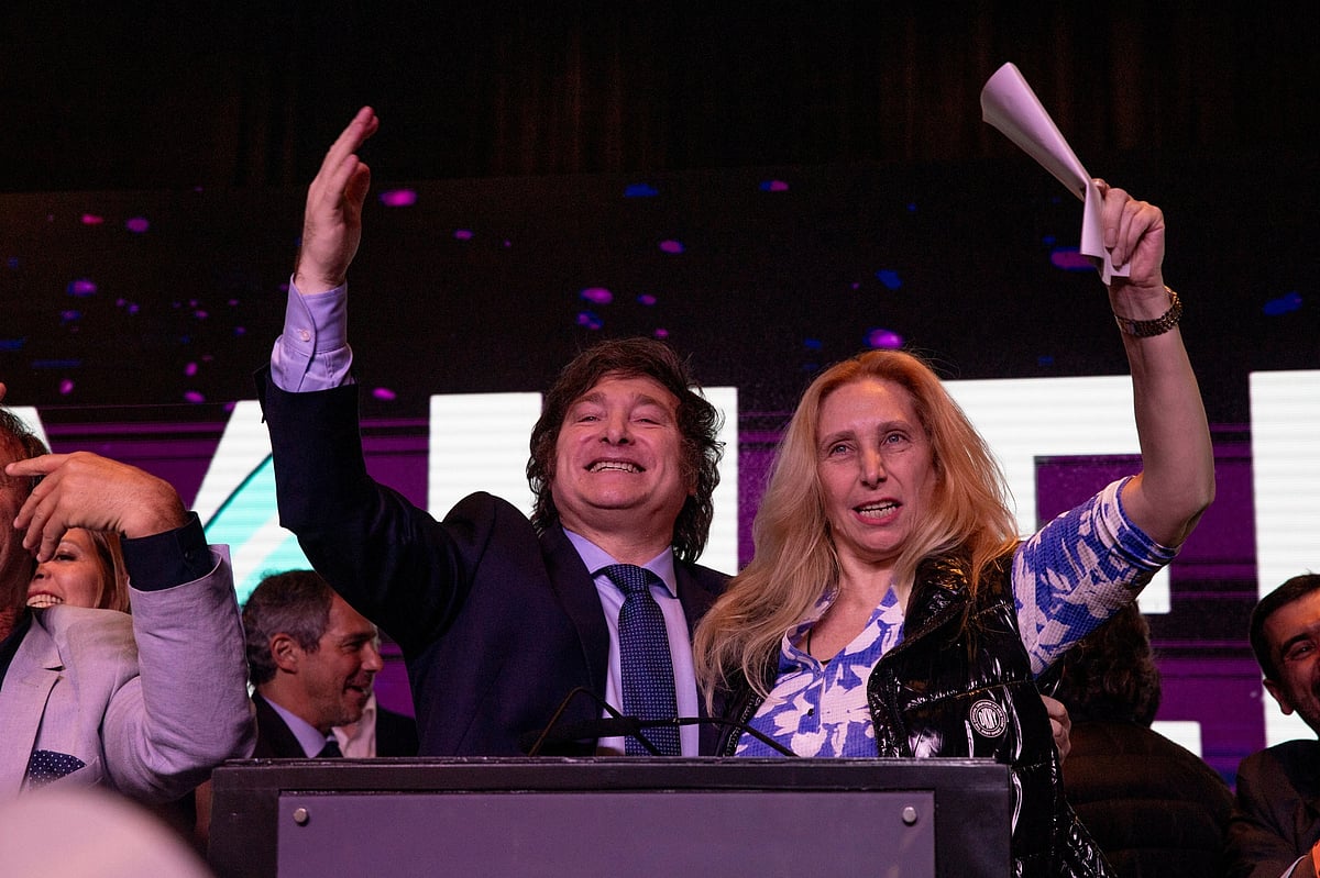 Javier Milei and his sister Karina during an election night rally in Buenos Aires on Oct. 22.Photographer: Anita Pouchard Serra/Bloomberg