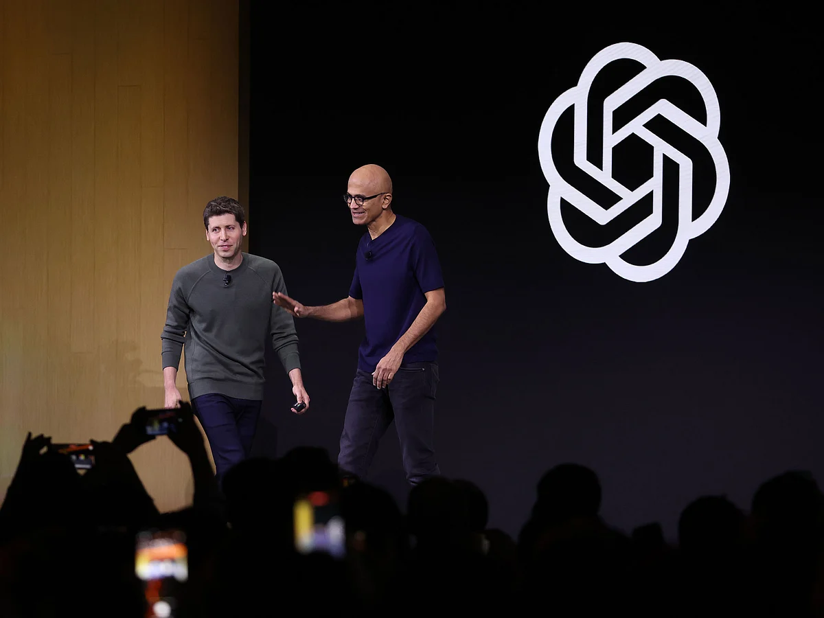 Satya Nadella, right, and Sam Altman on Nov. 6.Photographer: Justin Sullivan/Getty Images