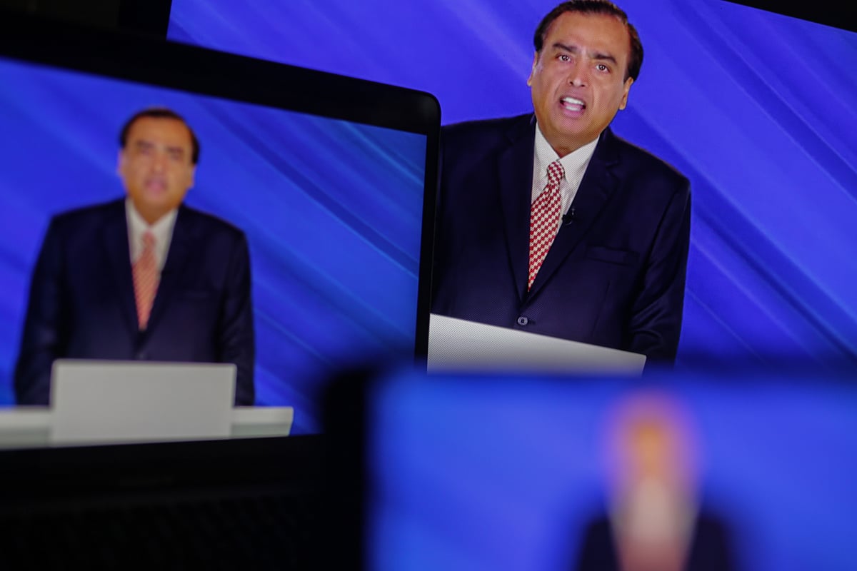 Mukesh Ambani, chairman of Reliance Industries Ltd., speaks virtually during the company’s annual general meeting in Mumbai, on Aug. 28, 2023.Photographer: Dhiraj Singh/Bloomberg