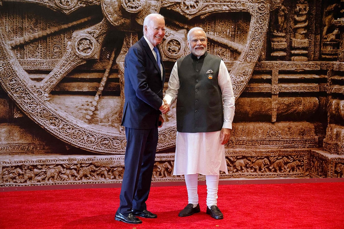 Biden and Modi ahead of the G20 Leaders’ Summit in New Delhi in September. Photographer: Ludovic Marin/AFP/Getty Images