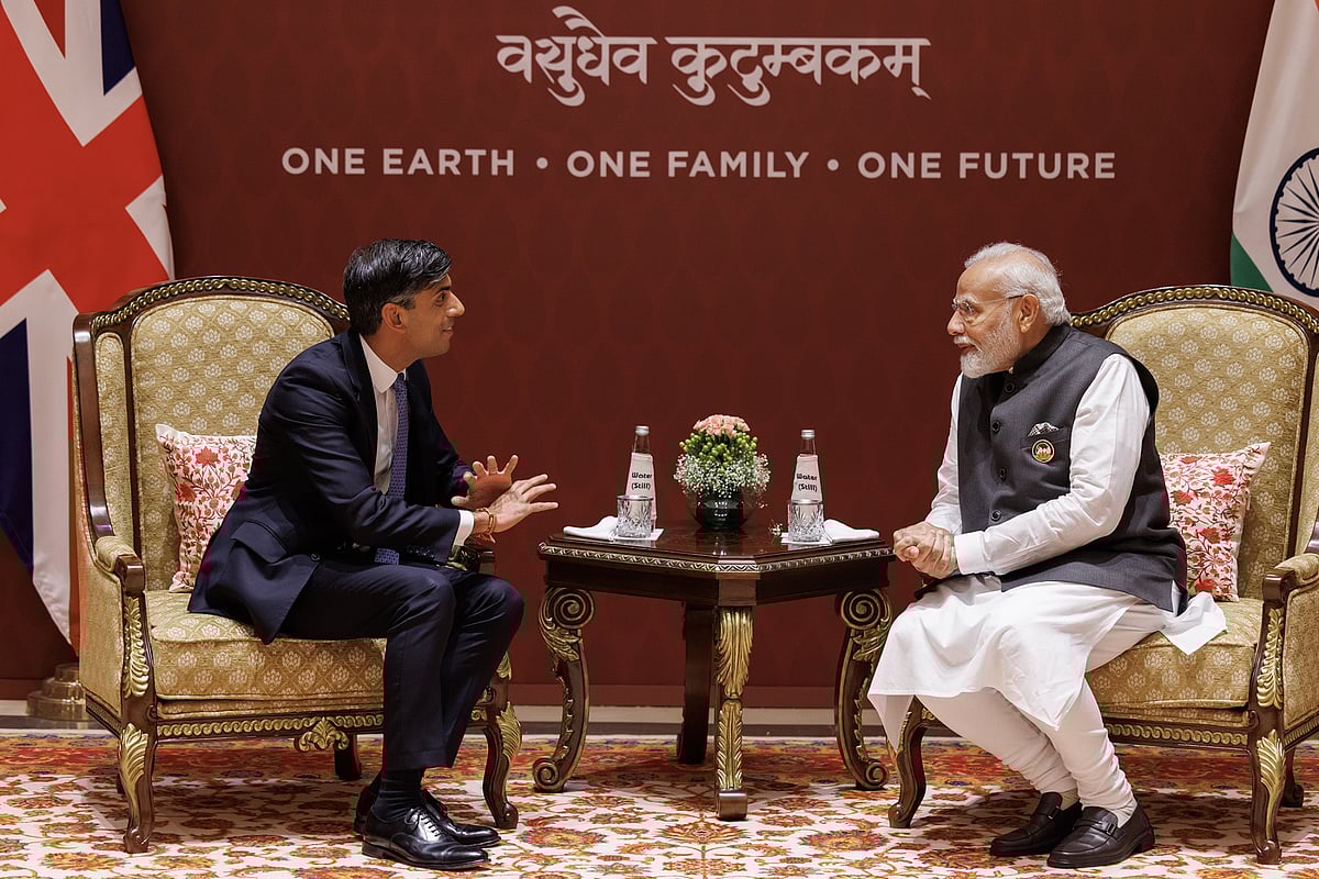 Rishi Sunak, left, with Narendra Modi during the G20 Leaders’ Summit in New Delhi on Sept. 9.Photographer: Dan Kitwood/Getty Images