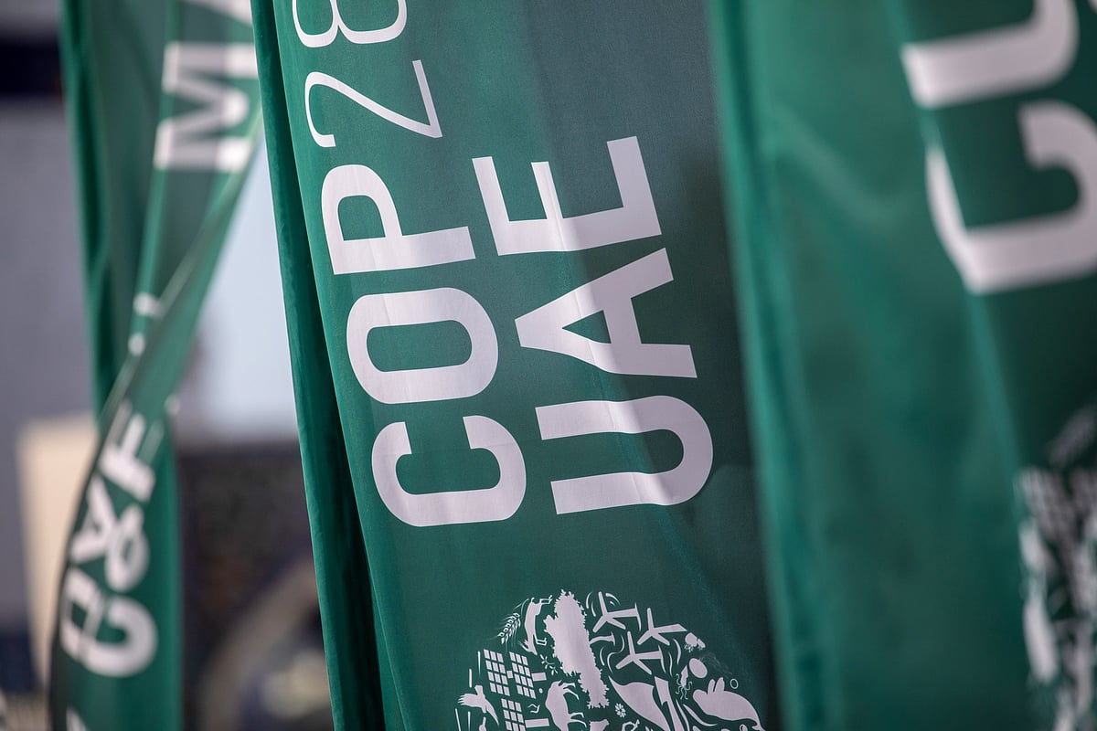 Event banners at COP28 in DubaiPhotographer: Annie Sakkab/Bloomberg