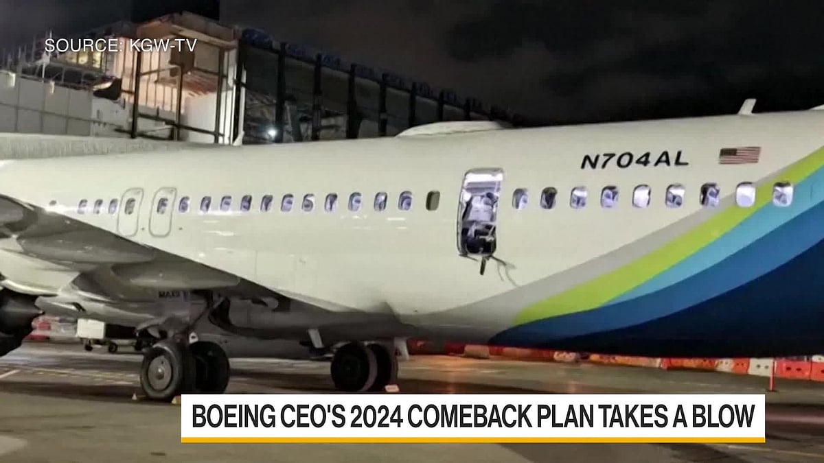 The blown-out panel on the 737 Max 9. The Wi-Fi dome is visible above the exploded section.Source: Bloomberg