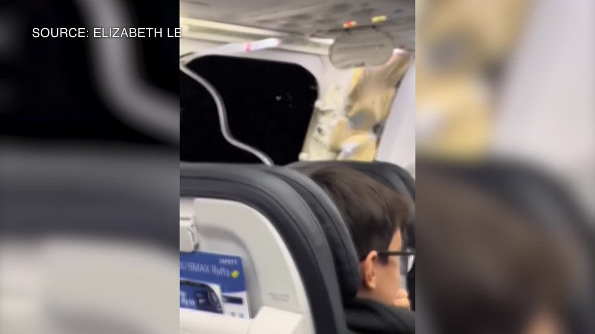 WATCH: A Boeing 737 Max 9 aircraft flying for Alaska Airlines lost an auxiliary emergency door shortly after taking off from Portland on Friday night.Source: Elizabeth Le via APTN