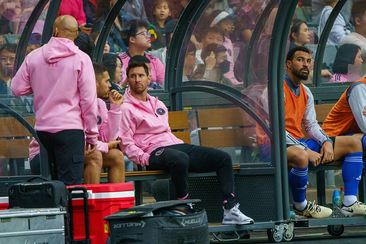 Messi on the bench during a match between Inter Miami and the Hong Kong XI in Hong Kong on Feb. 4.Photographer: Justin Chin/Bloomberg