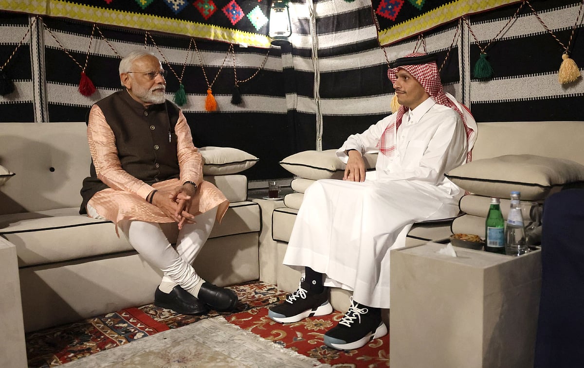 <div class="paragraphs"><p>PM Narendra Modi meets his Qatar counterpart Sheikh Mohammed bin Abdulrahman Al Thani in Doha. (Source: PIB)</p></div>