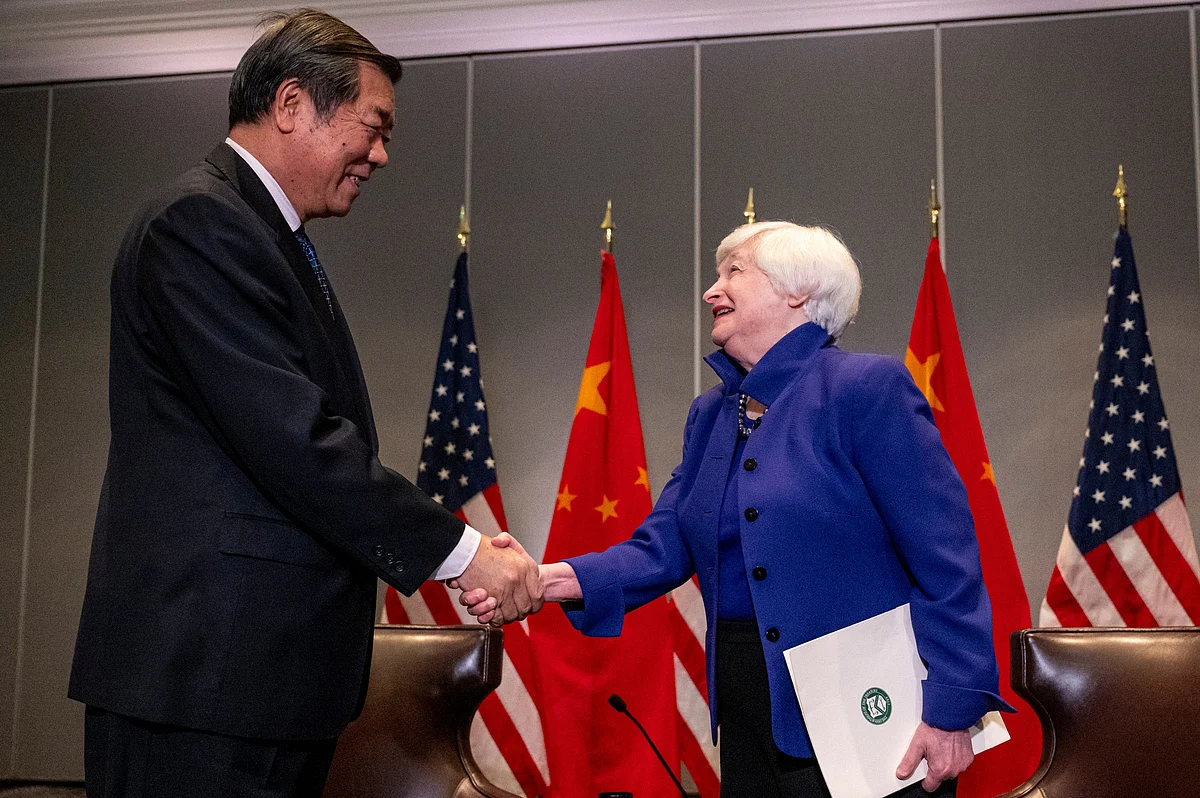 Janet Yellen shakes hands with He Lifeng during a meeting in San Francisco on Nov. 10, 2023. Photographer: David Paul Morris/Bloomberg