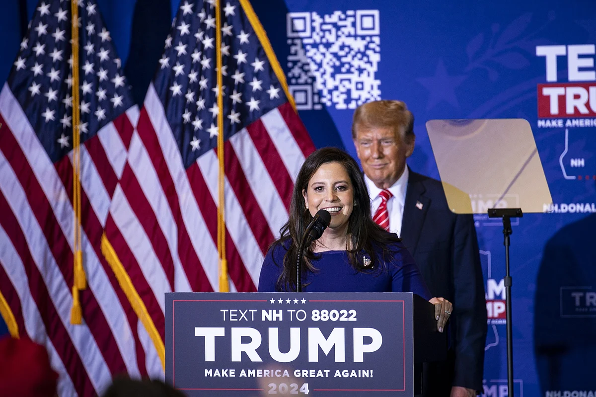 Representative Elise Stefanik speaks while former US President Donald Trump attends a Jan. 19 campaign event in New Hampshire. Photographer: Al Drago/Bloomberg
