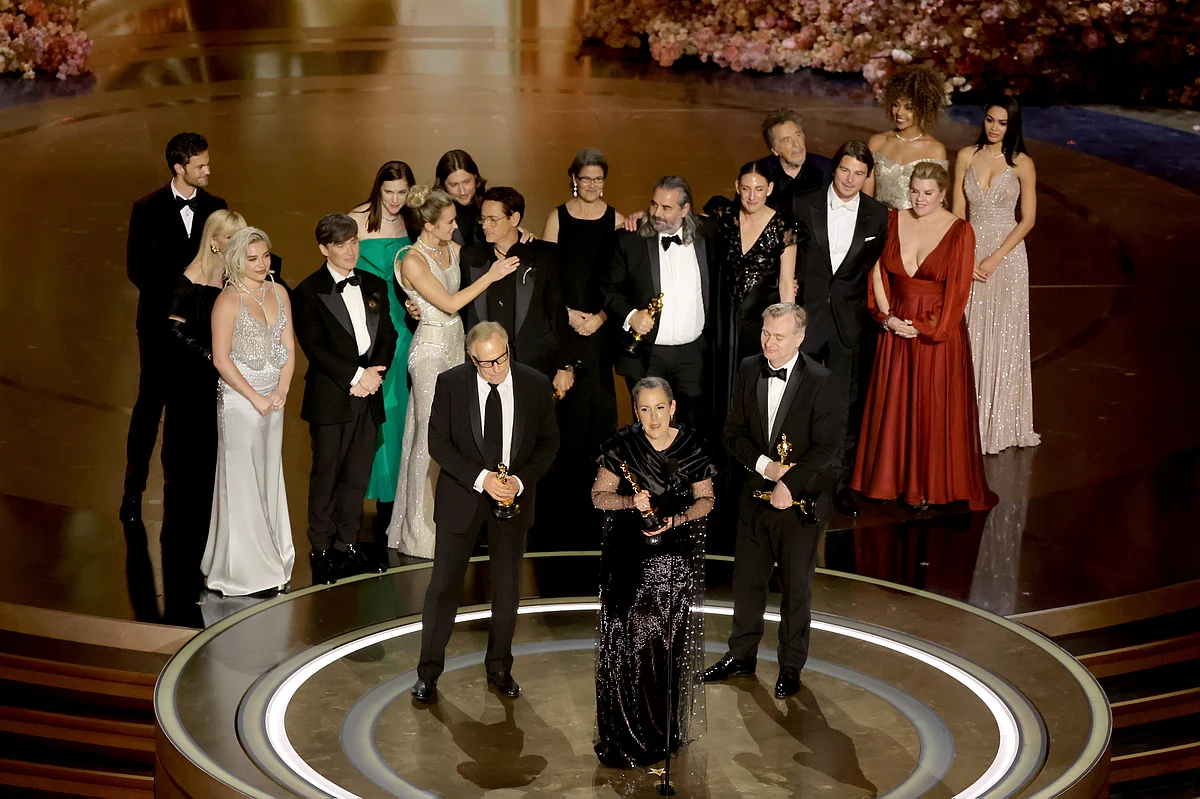 The cast of Oppenheimer accept the Best Picture award on March 10.Photographer: Kevin Winter/Getty Images