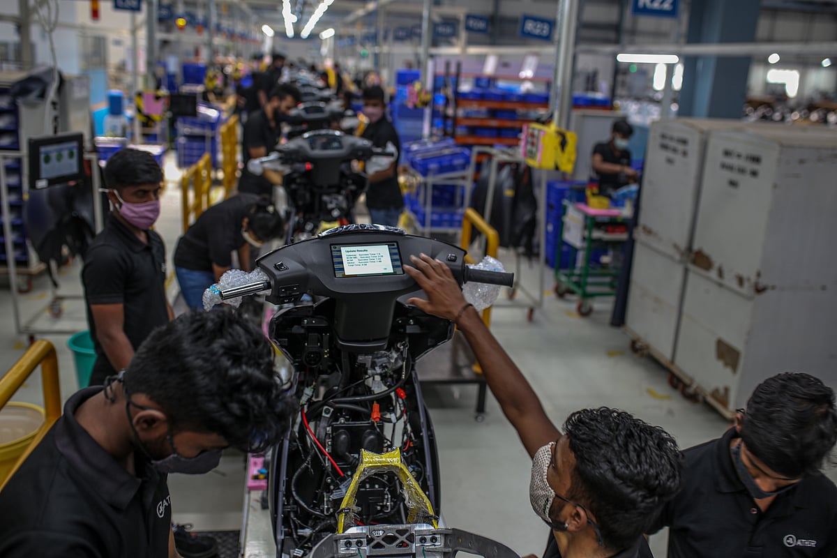 Employees assemble Ather Energy 450X electric scooters at the company’s manufacturing facility in Hosur, India.Photographer: Dhiraj Singh/Bloomberg