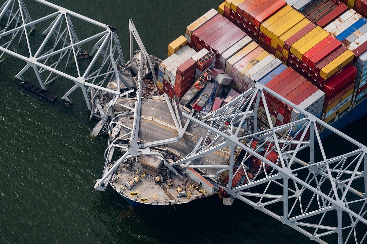 The Dali container vessel after striking the Francis Scott Key Bridge that collapsed into the Patapsco River in Baltimore on March 26.Photographer: Al Drago/Bloomberg